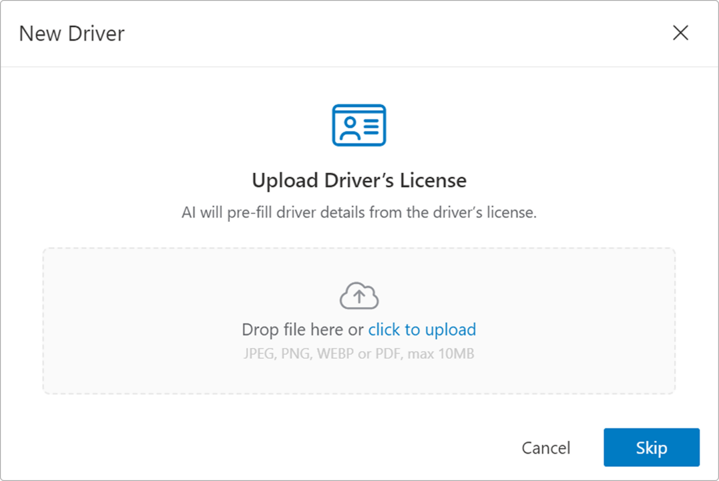 Upload a driver's license to automatically fill in driver information using AI, or skip to enter details manually.