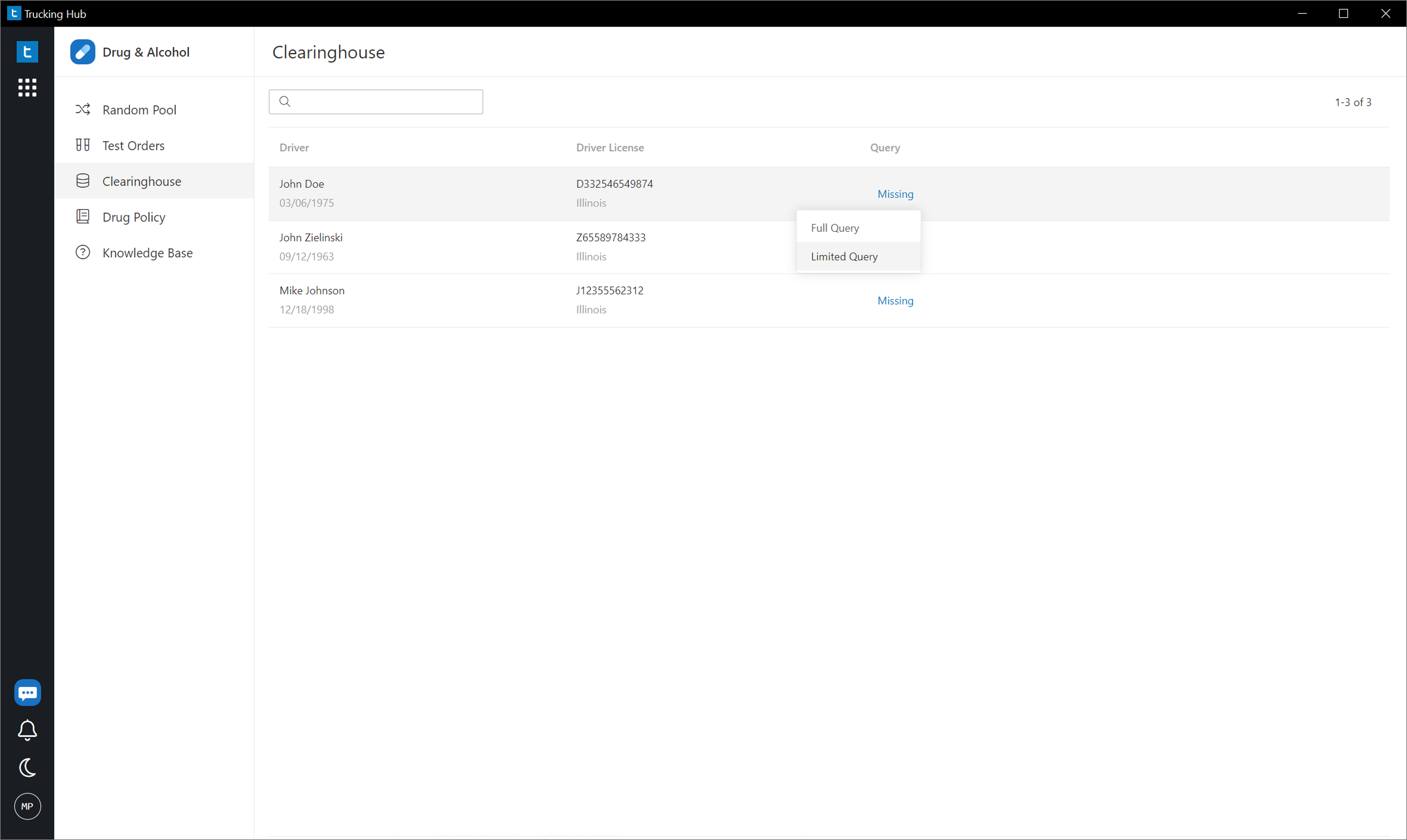 Clearinghouse dashboard showing drivers, full and limited query options, and automated annual compliance checks.