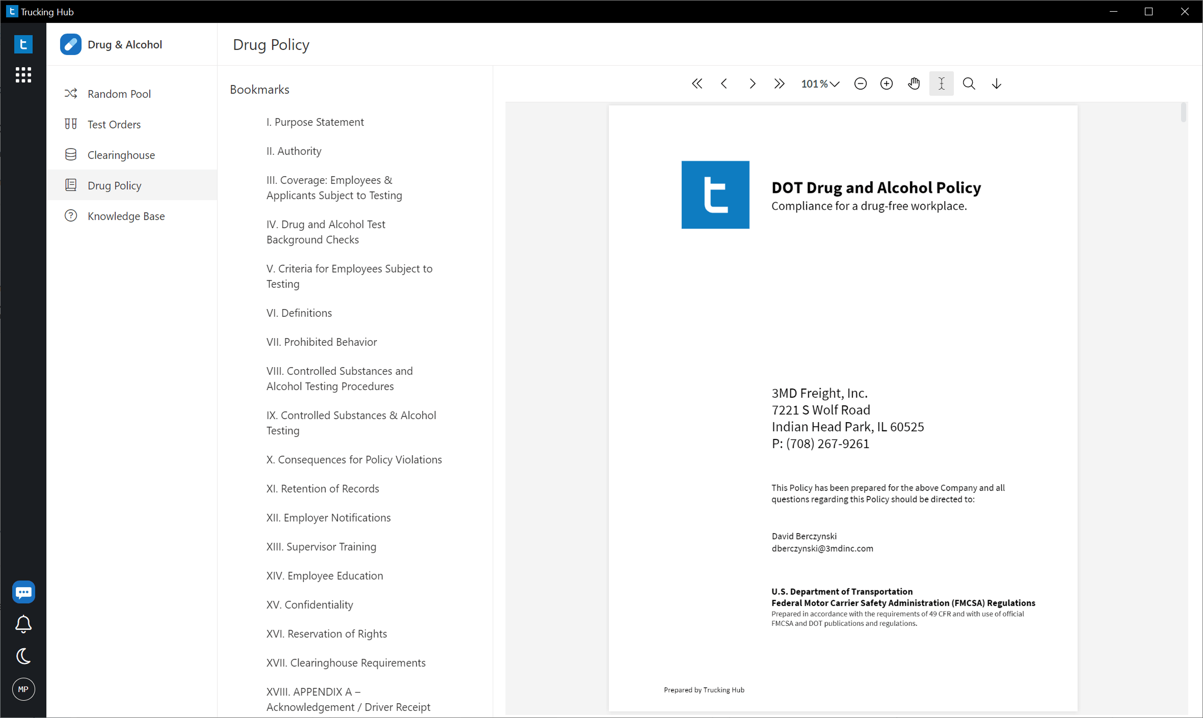 Branded DOT Drug & Alcohol Policy displayed in the document viewer.