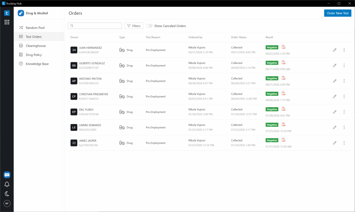 Test Orders dashboard showing orders, statuses, and results.