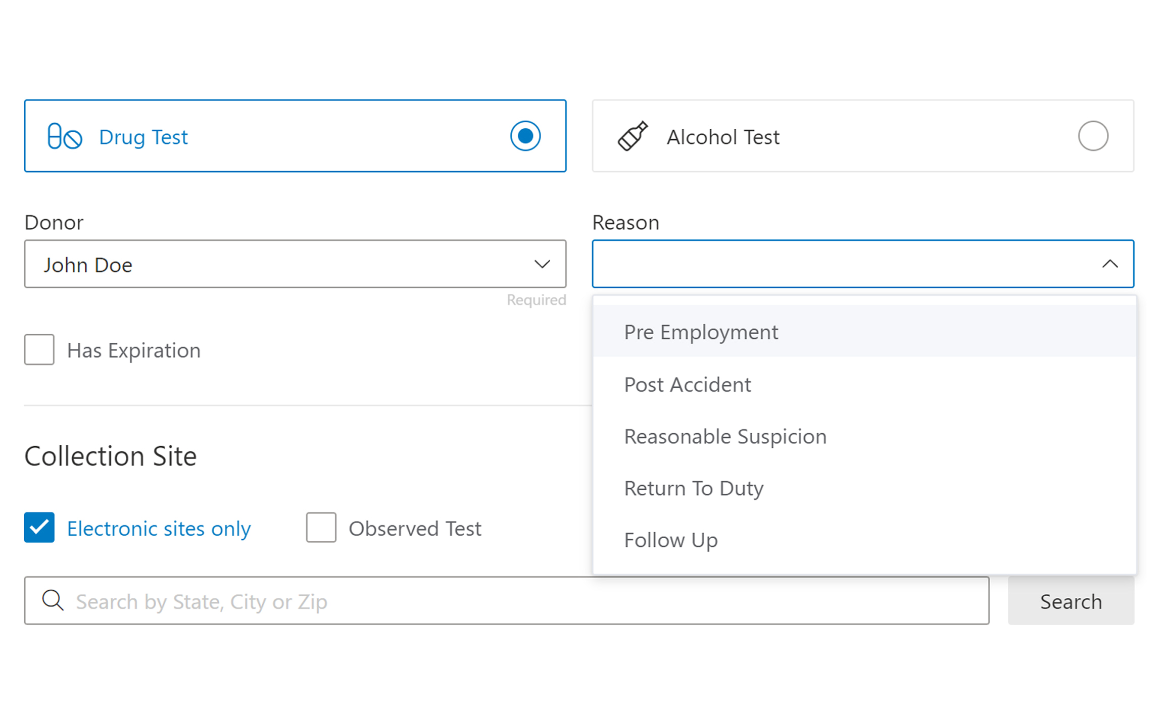 DOT Testing showing Pre-Employment, Post Accident, Reasonable Suspicion, Return-to-Duty and Follow Up choices in dropdown for ordering a new DOT test, along with a collection site search by State, City or ZIP.