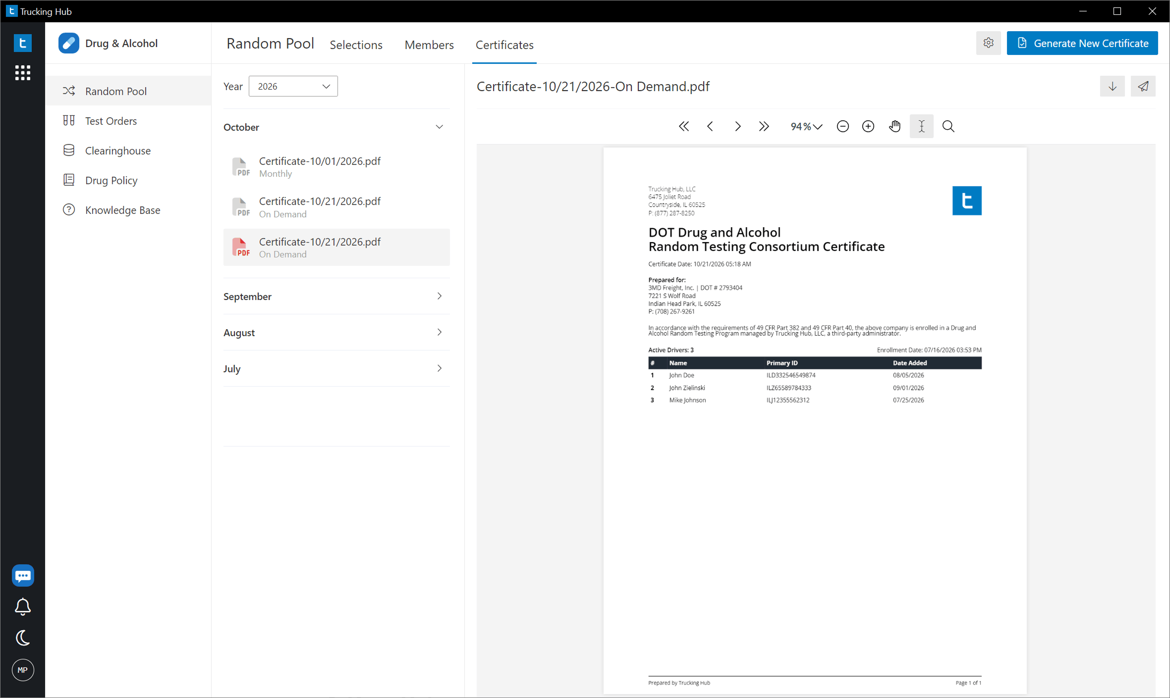 DOT consortium enrollment certificates, available instantly upon account creation, automatically updated monthly, and available to download or generate on demand.