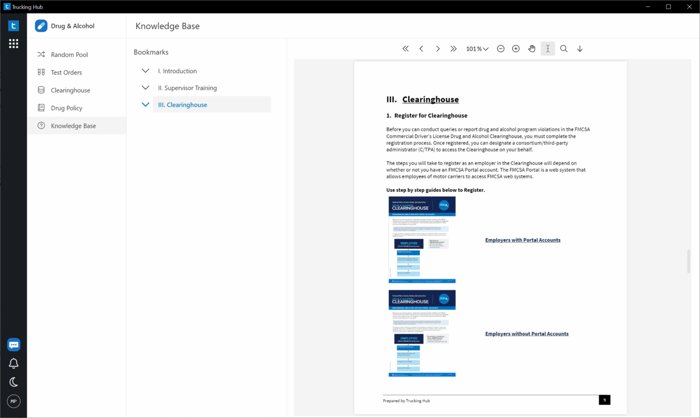 Knowledge Base showing Clearinghouse registration instructions and compliance guides.