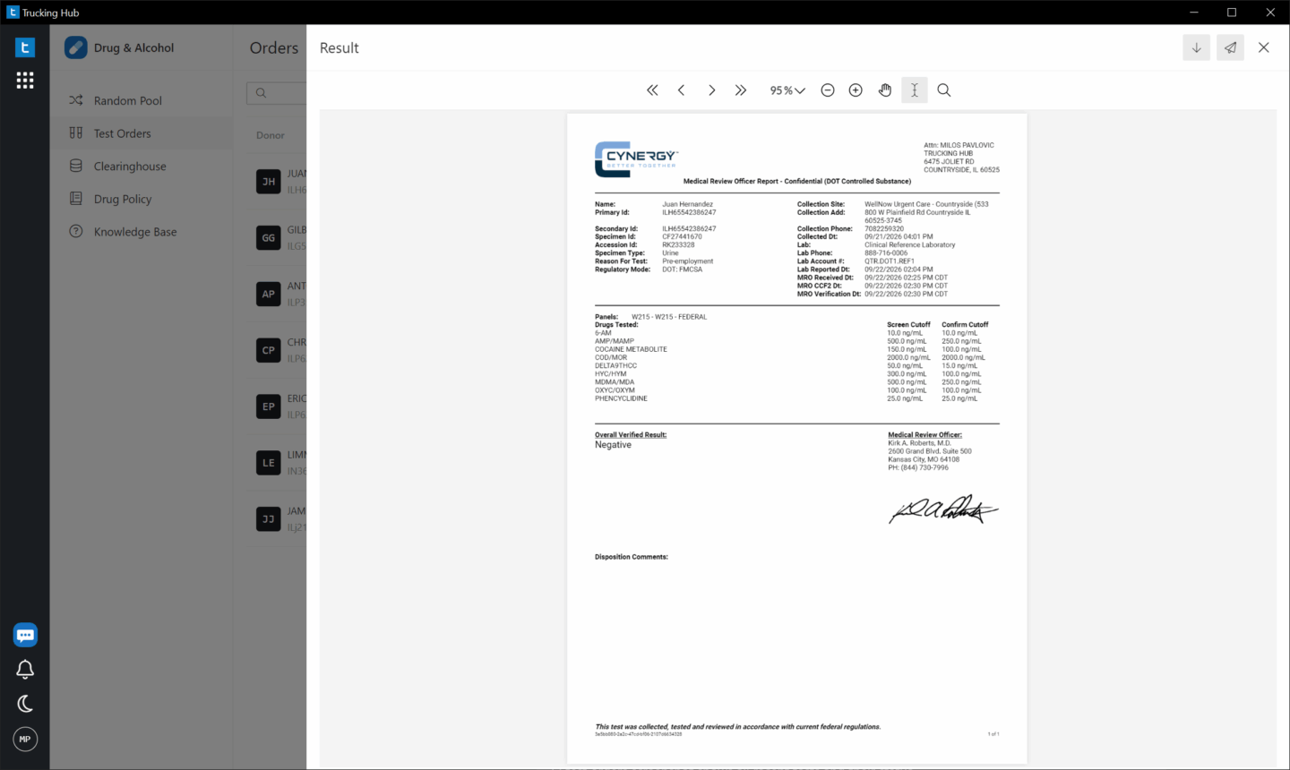 Official MRO-reviewed DOT drug test results displayed in the document viewer.