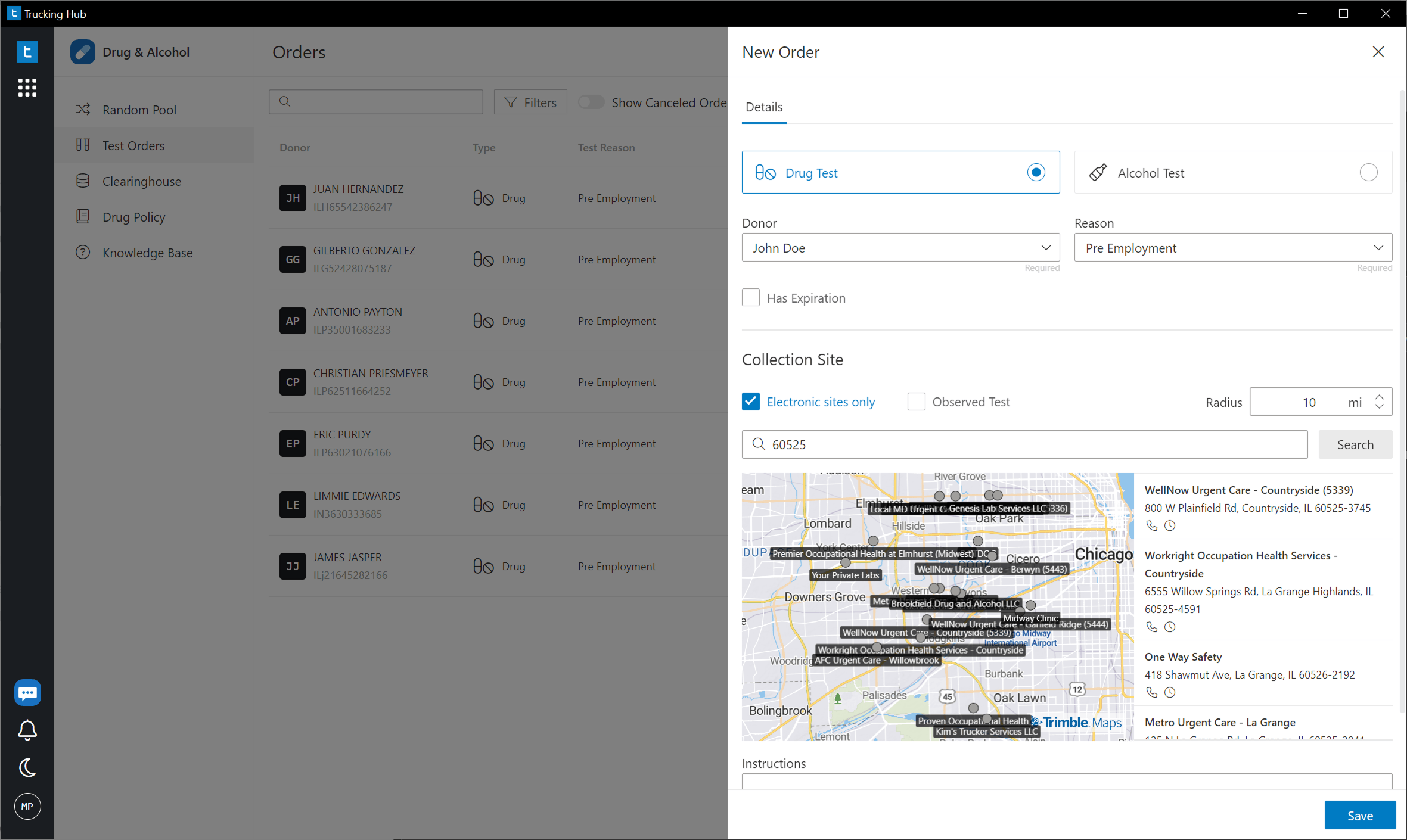 New Test Order screen showing test selection, driver information, and nearby collection sites.